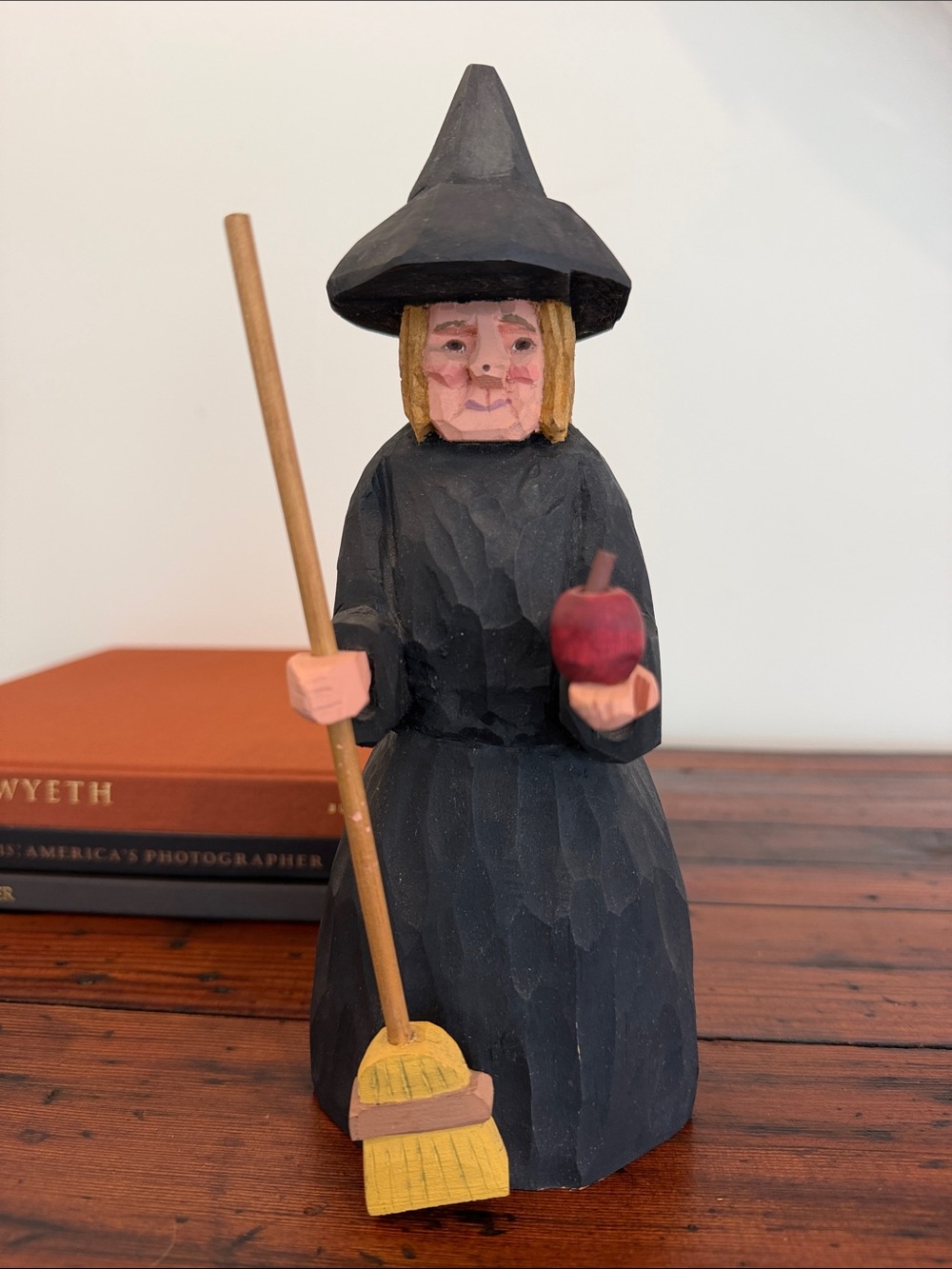Hand-Carved Americana Witch With Broom Figurine by John and Gloria Broniak.